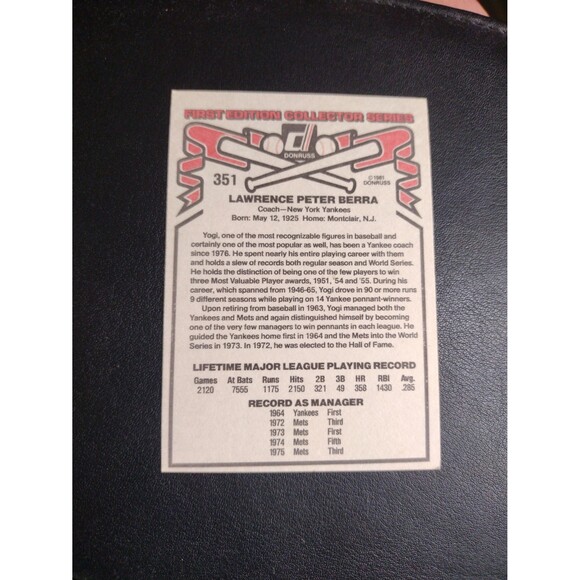 Yogi Berra 1981 Donruss #351 First Edition Collector Series Error Card NM - Picture 2 of 9